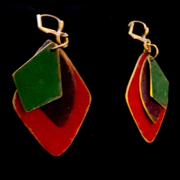 Chic Boho Style Jewel Earth Tone Suede Texture Brass Discs Dangle Earrings - Picture 2 of 2